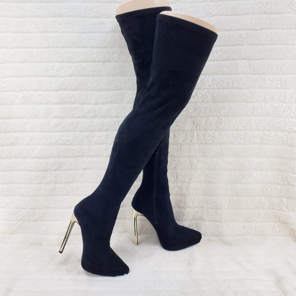 So Me Shoes - Girlz Revenge Faux Stretch Suede Black Sexy High Heel Pointy Toe Platform Boots